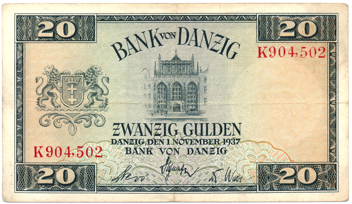 Banknot. Wolne Miasto Gdańsk 20 guldenów 1937 seria K
